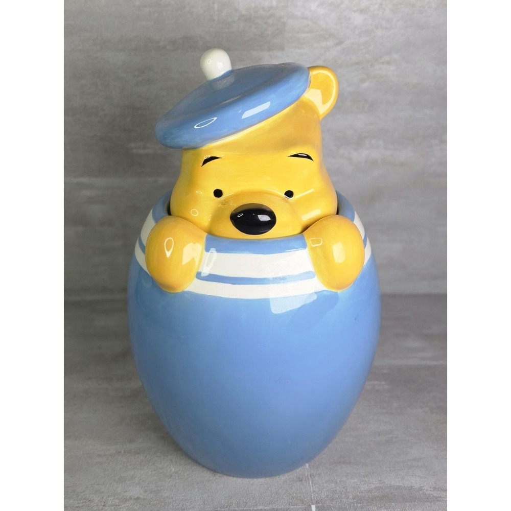 VTG Disney Winnie The Pooh & Friends Winnie Peek-A-Boo Canister Blue Cookie Jar